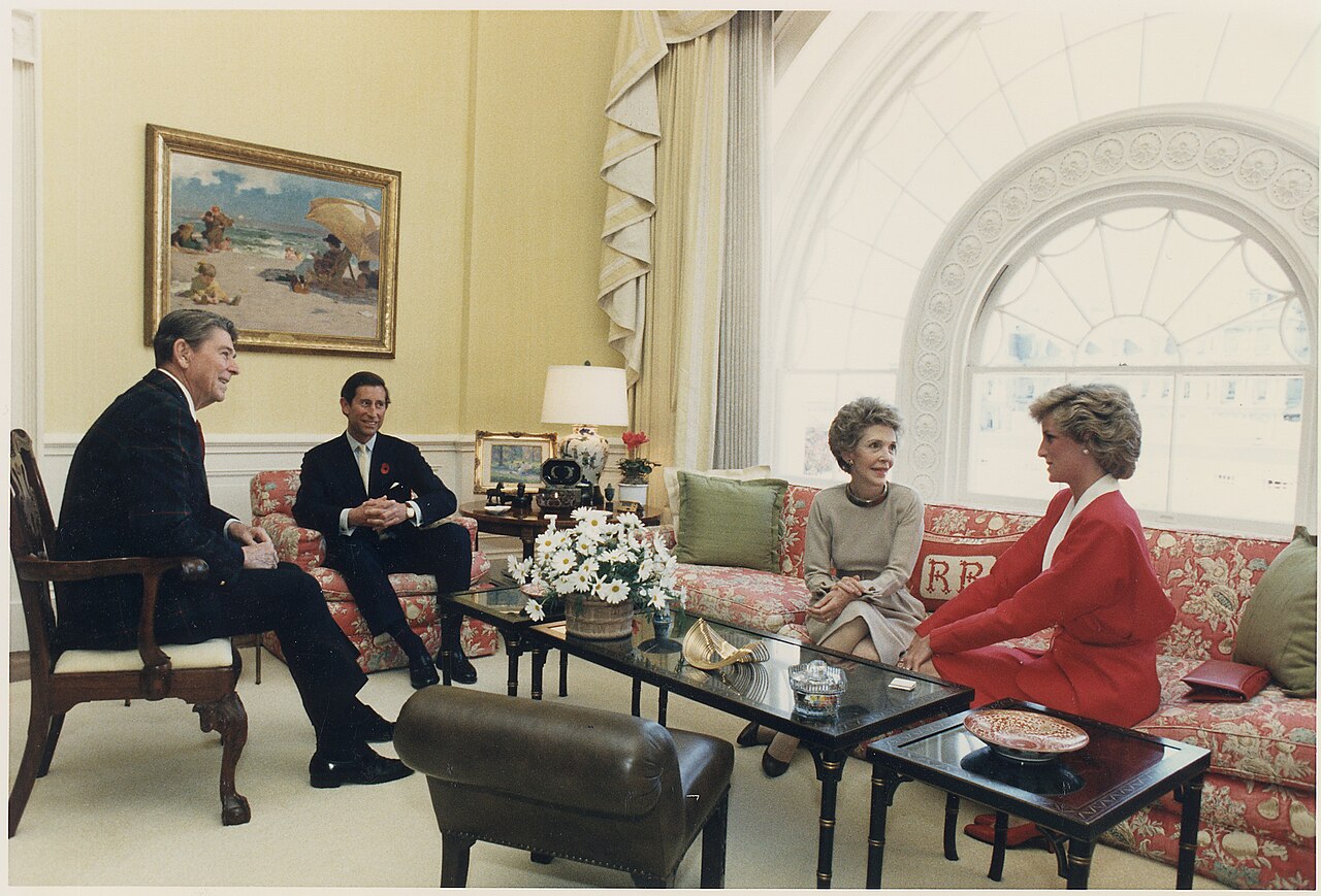 Diana, Princess of Wales, having tea with Nancy and Ronald Reagan at the White House, 1985.