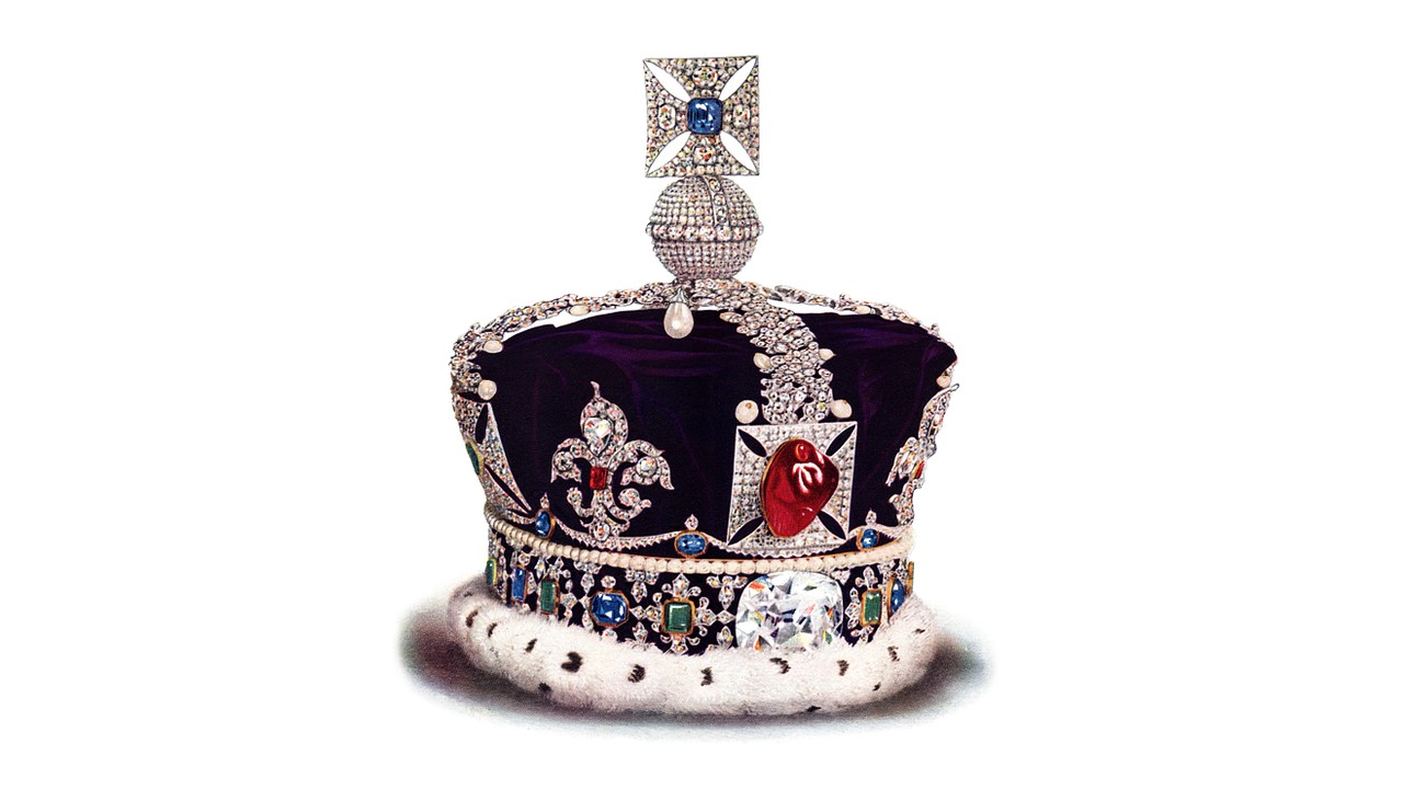 Illustration of the Imperial State Crown, set with rubies, sapphires, pearls and the Cullinan II diamond.