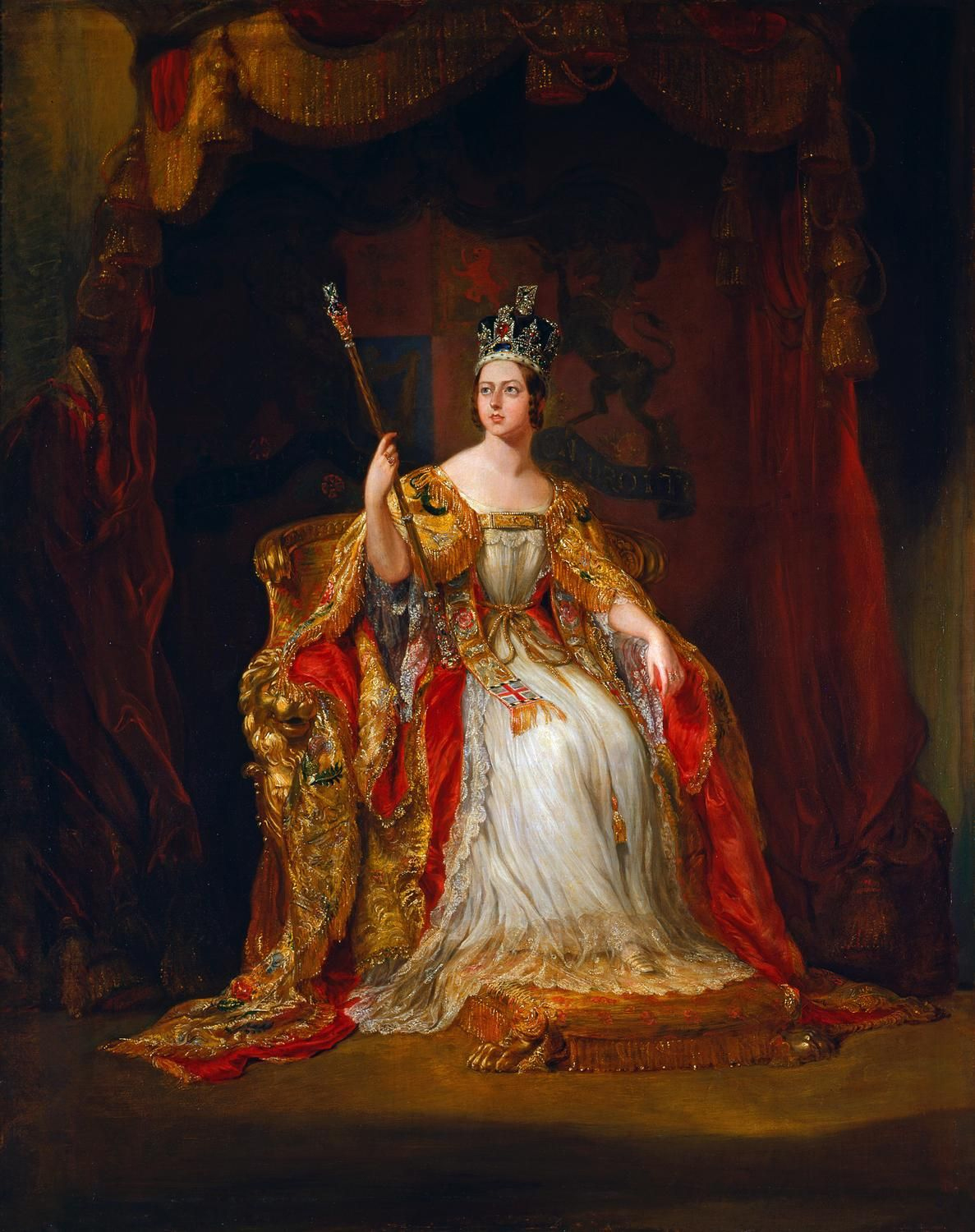 Queen Victoria in her coronation robes with the regalia, by George Hayter.